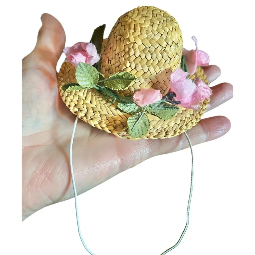 Doll’s Straw Hat with Pink Silk Flowers Rosebuds 4
